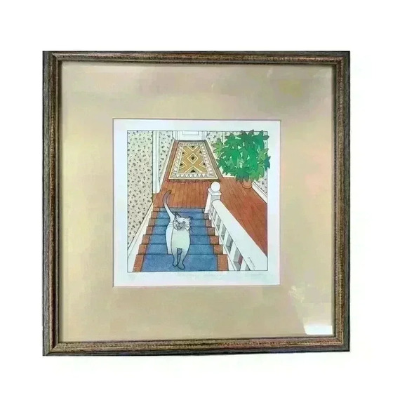 Vintage FRANCES GREENBERG "MORNING GREETINGS" Signed 910/1000 Framed Cat Lover - Picture 1 of 5